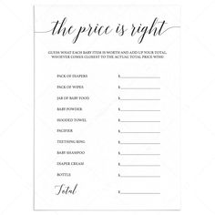 the price is right printable wedding checklist with black ink on white paper, in front of a white background