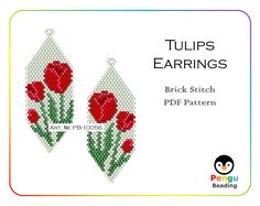 two cross stitch tulips earrings with the words, brick stitch pdd pattern