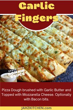 the cover of garlic fingers pizza with broccoli cheese and topped with bacon bits