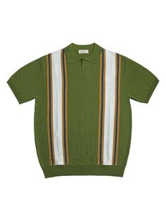 This is a comfortable and refined top by SORTIE that is made out of high quality and sturdy material. With distinctive mood of the design and comfortable wear, you can style it for your daily outfit.- Relaxed silhouette and open collar- Vintage mood stripe pattern- Soft touch of cotton blend fabric Green Cotton Short Sleeve Polo Sweater, Casual Cotton Polo Sweater With Contrast Stripes, Casual Collared Polo Sweater With Contrast Stripes, Casual Polo Sweater With Contrast Stripes, Green Collared Knit Top, Green Knit Collared Tops, Classic Knit Tops With Striped Collar, Casual Green Short Sleeve Polo Sweater, Modern Fitted Tops With Striped Collar