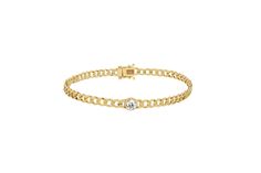 Our Diamond Sari Bracelet has class and sophistication built-in. With delicate curb chain links and a box clasp closure, one singular bezel set diamond sits perfectly in the middle. Available in your choice of 14k yellow or rose gold. Bracelet Length: 6.5 inches Box Clasp Closure Diamond Diameter: 3.8 mm Links: 3.5 mm Classic Diamond Bracelet With Chain, Classic 14k Gold Diamond Bracelet With Chain, Classic Tennis Bracelet With Chain, Classic Round Diamond Bracelet With Curb Chain, Yellow Gold Diamond Bracelet With Curb Chain, Elegant White Gold Diamond Bracelet With Curb Chain, Elegant Curb Chain Bracelet With Cubic Zirconia, Formal Tennis Bracelet With Chain, Gold Diamond Chain Bracelet With Bezel Setting