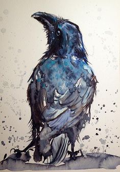 a painting of a black bird sitting on top of a table