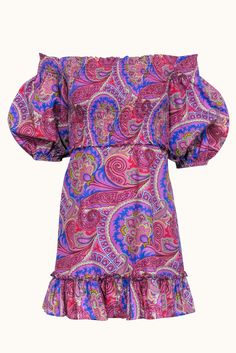 Get boho-chic with the romantic ruffled "Alona" dress from Alexis, featuring a playful off-the-shoulder design and billowy blouson sleeves. The brightly colored paisley print adds a touch of whimsy to this lightweight cotton poplin dress. Complete the look with chunky white heels for the perfect summer style. Size S 100% Cotton Unlined Off-the-shoulder Hidden back zip Smocked bodice Straight neckline Puff sleeve w/ elastic cuff Blue, yellow, red & green print Mini length Ruffled hem A-line Bust 28" Waist 28" Shoulder to hem (from neckline) 27" Sleeve length 14" Bohemian Off Shoulder Dress With Ruffles For Summer, Bohemian Dress With Ruffle Hem And Puff Sleeves, Bohemian Dress With Puff Sleeves And Ruffle Hem, Chic Summer Mini Dress With Paisley Print, Bohemian Flowy Mini Dress With Puff Sleeves, Pink Mini Dress With Paisley Print For Summer, Purple Paisley Print Dress For Summer, Pink Paisley Print Mini Dress For Summer, Summer Purple Dress With Paisley Print