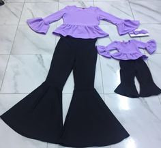 A custom made cute matching mommy and me top and pants set so you 2 can be so cute together. You can ask for your fav color and I will try to make it.  Made of a soft and colored fabric, 95 % polyester and 5% lycra, will look great on any body type. We will ship in 7-9 business days. If you have any questions or request please contact me. The set is custom made so we will need measures for you and you baby girl: Please order Mommy&Me for measures S-XL and 0-3 years old, and the Mommy&Me plus siz Matching Fitted Sets With Long Sleeve, Fitted Long Sleeve Matching Sets, Chic Stretch Matching Pant Set, Playful Long Sleeve Ruffled Sets, Fall Party Sets With Ruffles, Purple Ruffled Sets For Spring, Spring Purple Ruffled Sets, Matching Cotton Fitted Sets, Matching Fitted Cotton Sets