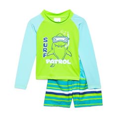 2 Piece Set; Short-Sleeved Rash Guard With Contrast Stitching And Graphic, And Allover Print Swim Shorts. (92% Polyester, 8% Spandex) Light Blue Long Sleeve Sets For Summer, Cute Blue School Sets, Playful Blue School Sets, Fun Fitted Blue Set, Cute Blue Beachwear Set, Cute Blue Beach Set, Playful Blue Crew Neck Sets, Fun Blue Sets For Spring, Blue Fun Style Spring Sets