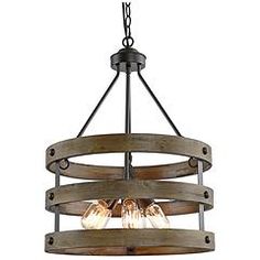 a wooden chandelier with three lights hanging from it's center and bottom