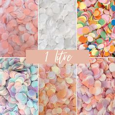 there are many different colors of confetti in this collage with the words 1 lite above them