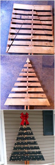 a wooden pallet christmas tree with lights on it