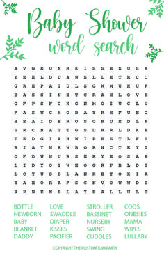 the baby shower word search is shown in green and white with leaves on it's side