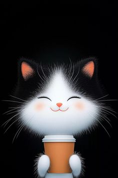 a black and white cat with its eyes closed holding a coffee cup