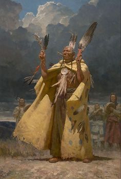 a painting of a native american man holding feathers