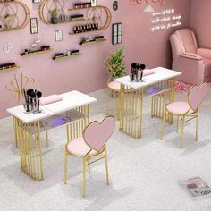 a pink and gold dining room with chairs, tables and shelves filled with bottles on the wall