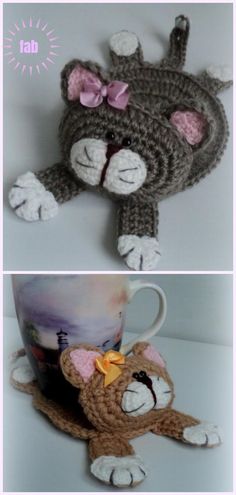 there are two pictures of a crocheted cat and a coffee cup