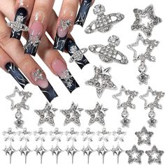 PRICES MAY VARY. Value Pack:You will get 30pcs bling star charms for nails in 6 different style,including star,starlight and planet shape.For one pack,there are enough quantity to allows you to create various unique nails art design. Stylish Design:Each nail art jewelry is uniquely designed,inluding planet shape,starlight shape,star shapes.Silver metal base inlaided with shiny crystal rhinestone,making our nail accessories bling and stylish.The design has charming Y2K style,could make your nails Sliver Nails, Planet Nails, Nail Gems, Nail Charm, Manicure Nail Designs, Nail Art Jewelry, Nail Supplies, Great Nails, Gem Nails