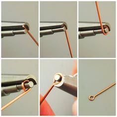 four pictures showing how to make a wire loop with copper and silver colored metal wires