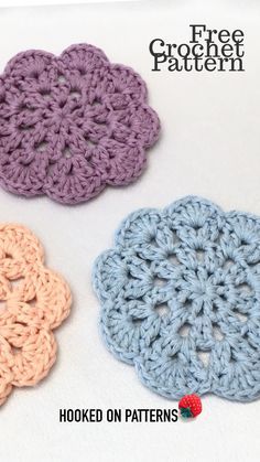 three crochet coasters are shown with the text, hooked on patterns