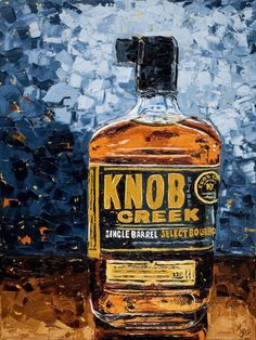 an oil painting of a bottle of knob creek single barrel bourbon on a blue background