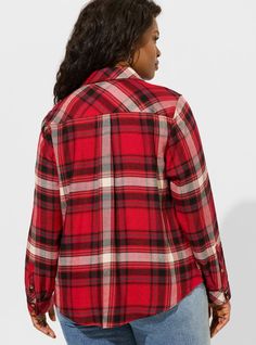 FIT Model is 5’10” wearing size 1. . Measures 31” from shoulder (size 2). MATERIALS + CARE Softest Flannel woven fabric. . 85% rayon, 15% acrylic. Machine wash cold. Tumble dry low. Imported. DETAILS Collared neckline. Long sleeves. The best plus size women's lizzie softest flannel shirt long sleeve tops in kimmie plaid made of acrylic. Torrid is your destination for cozy fall and winter clothes to keep you warm and comfortable. Plaid Button-up Blouse For Winter, Winter Plaid Button-up Blouse, Trendy Plaid Blouse For Winter, Trendy Plaid Winter Blouse, Vintage Flannel, Rayon Shirt, Black And White Shirt, Grey Plaid, Soft Flannel