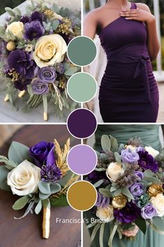 a woman in a purple dress holding a bouquet with flowers and greenery on it