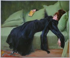 a painting of a woman laying on a green couch