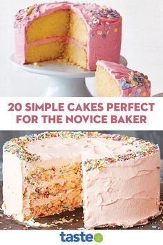 two different cakes with pink frosting and sprinkles on them, one has a slice missing from the cake