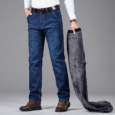 These Casual Denim Stretch Pants for men feature a zipper fly closure, mid-waist, and straight jeans style. They are made from a fabric composition of 67.8% cotton, 30.65% polyester fiber, and 1.55% spandex that provide a comfortable, relaxed fit and a smart casual look. The warm fleece thickness ensures extra comfort and versatility in any season. Product Details Wash: Medium Waist Type: MID Thickness: Fleece Style: Smart Casual Pattern Type: Solid Material: Denim Length: Full Length Jeans Styl Pants Male, Smart Casual Men, American Jeans, Mens Fashion Classic, Mens Fashion Jeans, Mens Boots Fashion, Style Winter, Casual Sportswear, Jeans Fashion