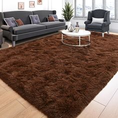 a living room filled with furniture and a brown rug