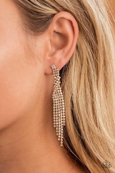 Paparazzi Cosmic Candescence Gold Post Earrings - Life of the Party Exclusive November 2021 Paparazzi Accessories Jewelry, White Choker, Coil Bracelet, Camera Shy, Life Of The Party, Rhinestone Ring, Party Earrings, Paparazzi Accessories, White Rhinestone