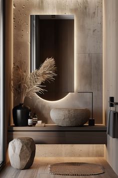 a bathroom with a round sink and large mirror on the wall next to a plant