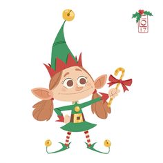 a cartoon elf holding a golden key and wearing a green dress with red trimmings