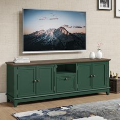 a living room scene with focus on the entertainment center and mountains in the back ground