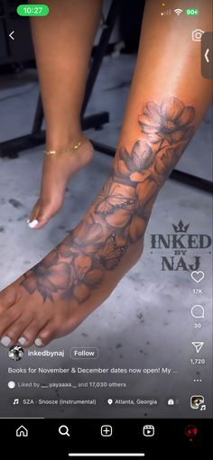 a woman's foot with flowers on it and the words inked naj