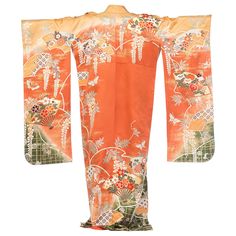 1970S Floral Japanese Print With Fans Kimono Japanese Culture Art, Kimono Patterns, Pretty Kimonos, Clothing Prints, Warm Color Palette, Embroidered Robes, Yukata Kimono, Japanese Print, 70s Floral