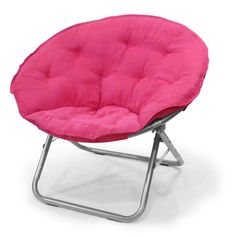 a pink chair sitting on top of a metal frame