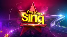 the logo for yes i can sing, which is on display in front of colorful lights