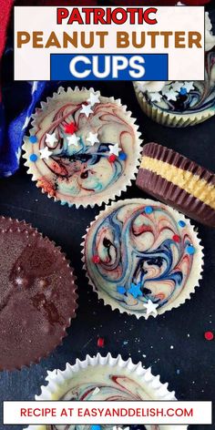 patriotic peanut butter cups with chocolate frosting and sprinkles in them on a table