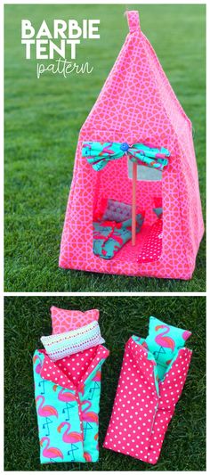 a pink tent with blue and white polka dots on it is sitting in the grass