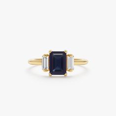 Chic, timeless, and versatile - we can't recommend our rings enough! The Sapphire Stone is the birthstone for September and is associated with nobility, purity, and passion. The Octagon shape of the stone also gives this ring an elegant look. This dainty piece would make the perfect gift for her! - Handmade - Solid Gold - Natural Diamonds and Sapphire  - G Color, SI Quality Diamonds - Band Width: 1.7 mm - Total Diamond Carat Weight: 0.24 ctw - Total Blue Sapphire Carat Weight: 1.14 ctw 🛠 Your Sarah Elise piece is handcrafted with care! Ready-to-ship items go out within 3 business days. Made-to-order pieces typically take 7-10 business days to create. If you need something sooner, please contact us - we'll see if we can make it happen! For estimated shipping dates and tracking, check your Colors Of Sapphires, Dark Blue Sapphire Ring, Blue Baguette Cut Birthstone Rings, Baguette Cut Sapphire Anniversary Ring, Baguette Cut Lab-created Sapphire Diamond Ring, Baguette Cut Lab-created Sapphire Rings, Sapphire Emerald Cut Rings With Baguette Diamonds, Sapphire Rings With Baguette Diamonds, Classic Sapphire Rings With Baguette Diamonds