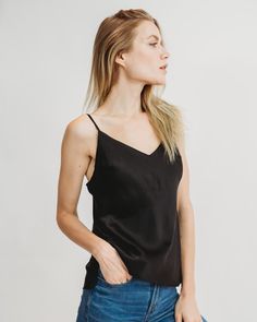 Signature Silk Cami - Midnight Black – BL.TOPS Black Silk Top, Silk Cami Top, Strapless Bras, Black Cami Top, Model Poses Photography, Silk Cami, Silk Slip Dress, Silk Slip, Comfy Fashion