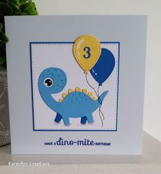 a birthday card with a blue dinosaur holding a yellow balloon and number 3 on it