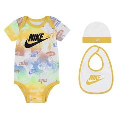 Your little one will be bright and happy in this baby Nike bodysuit, beanie, and bib matching set. Your little one will be bright and happy in this baby Nike bodysuit, beanie, and bib matching set. Click on this BABY ESSENTIALS & APPAREL GUIDE to find everything you need to keep your baby healthy and happy! FEATURES One size fits most babies 0-6 months 3 piece set includes: bodysuit, beanie, bib Bodysuit: crewneck, short sleeves, inseam snap closure, and Futura logo Bib has Velcro closure Gender Nike Bodysuit, Twin Rooms, Baby Accesories, Yellow Tie Dye, Baby Nike, Yellow Tie, Baby Fits, Tie Dye Colors, Yellow Ties