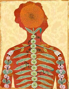 the back of a woman's body with flowers and leaves painted on her chest