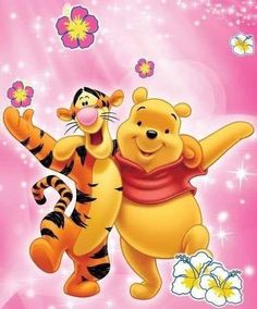 winnie the pooh and tigger dancing together on a pink background with daisies