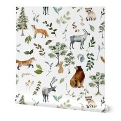 an animal themed wallpaper with various animals and trees on it's white background