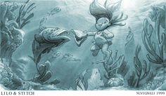 a pencil drawing of a mermaid swimming in the ocean with fish and seaweed around her