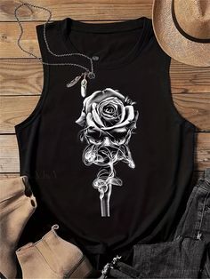 Lasaky - Chic Womens Sleeveless Crew Neck Tank Top with Rose & Skull Print - Versatile Everyday Casual Wear Sleeveless Skull Print Top For Summer, Sleeveless Summer Top With Skull Print, Summer Skull Print Tank Top, Summer Tank Top With Skull Print, Rose Skull, Print Tank Top, Skull Print, Casual Tank Tops, Top Sleeveless