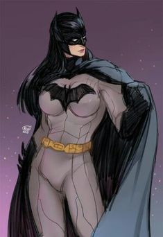 a drawing of a woman dressed as batgirl standing in front of a purple background