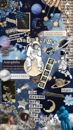 the collage is made up of many different things in space, including stars and planets