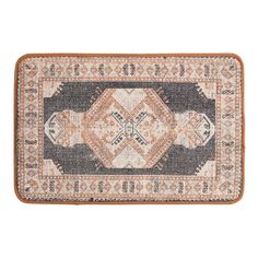 a rug with an orange and black design on the bottom, in front of a white background