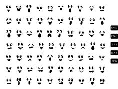 a set of different faces drawn in black ink on white paper with the words svg, eps and png